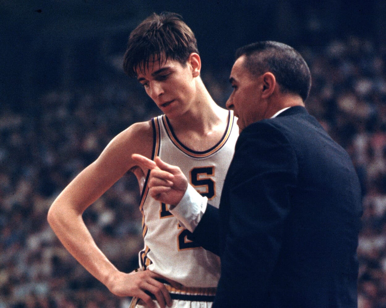 Pete Maravich and head coach Press Maravich of the LSU Tigers talk.