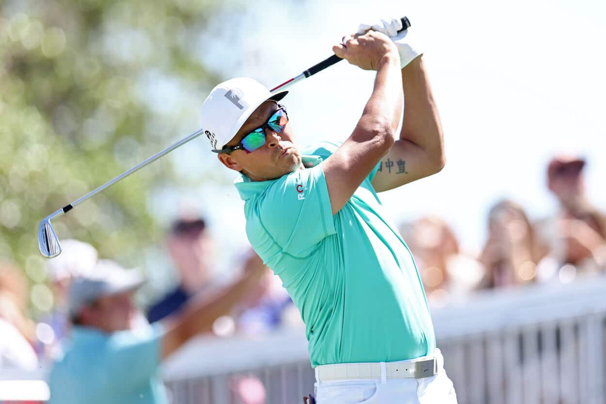 Rickie Fowler hits a tee shot during the WGC-Dell Technologies Match Play.