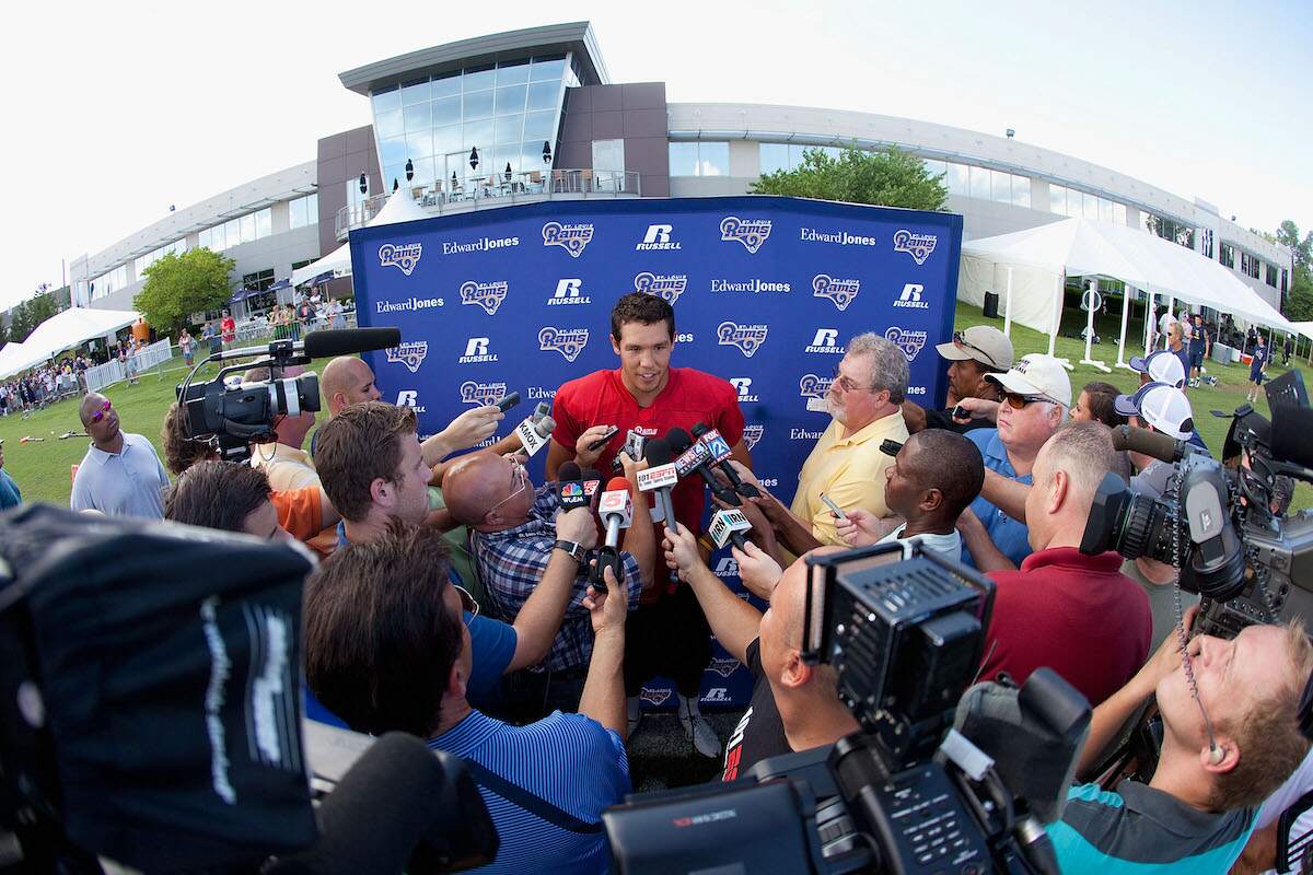 Sam Bradford of the St. Louis Rams addresses the media during training camp in 2010