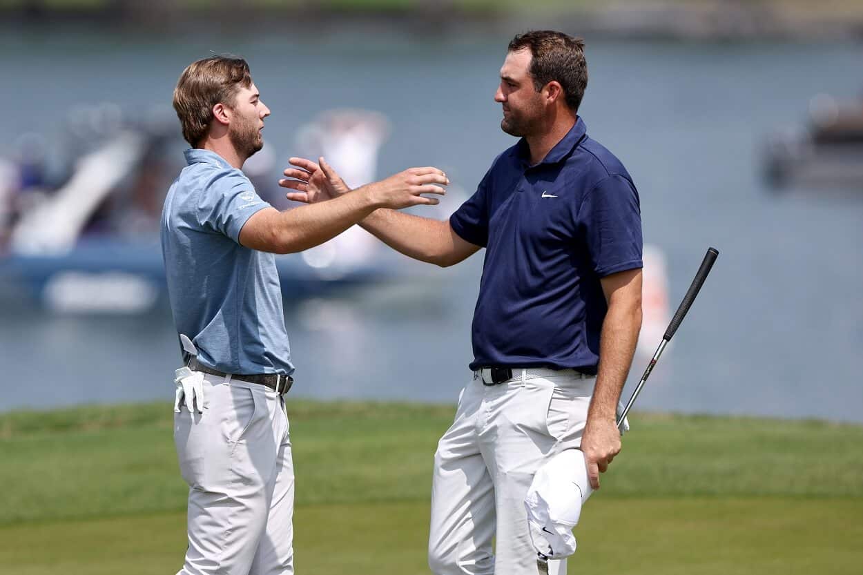 Sam Burns and Scottie Scheffler following their semifinal match at the 2023 WGC Match Play