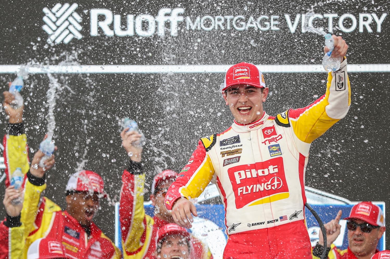 Sammy Smith celebrates after winning the NASCAR Xfinity Series United Rentals 200 at Phoenix Raceway on March 11, 2023.