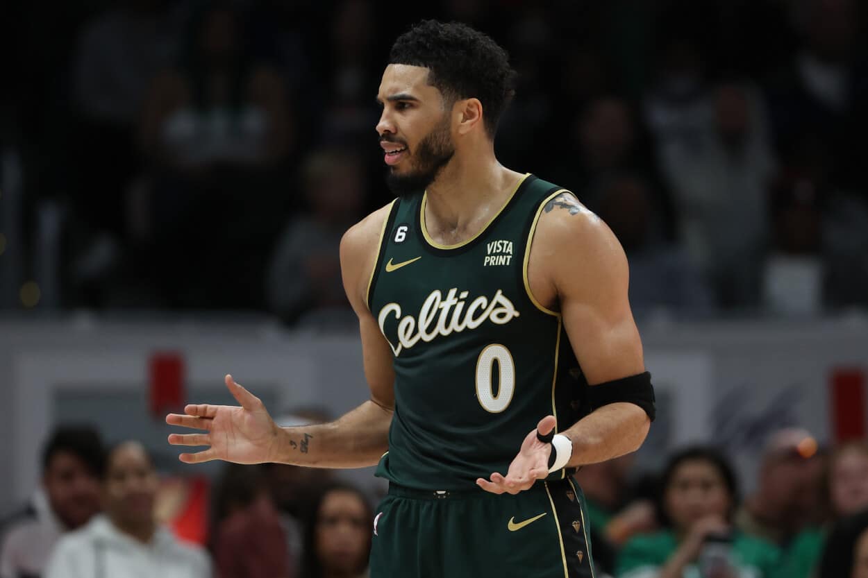 Jayson Tatum of the Boston Celtics reacts against the Washington Wizards.