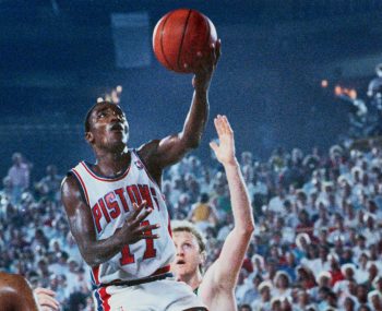 Detroit Pistons guard Isiah Thomas drives to the basket.