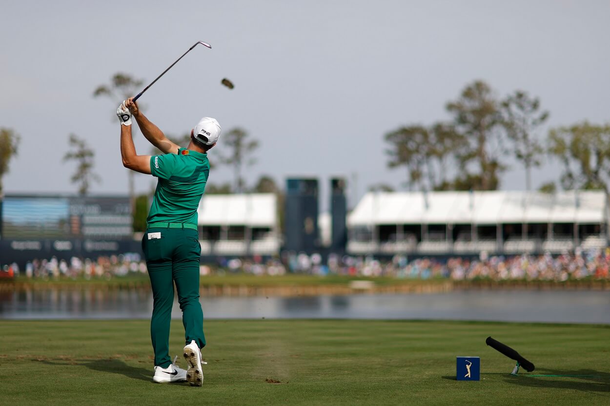 Viktor Hovland hits his tee shot at the 17th hole at TPC Sawgrass during the second round of the 2023 Players Championship