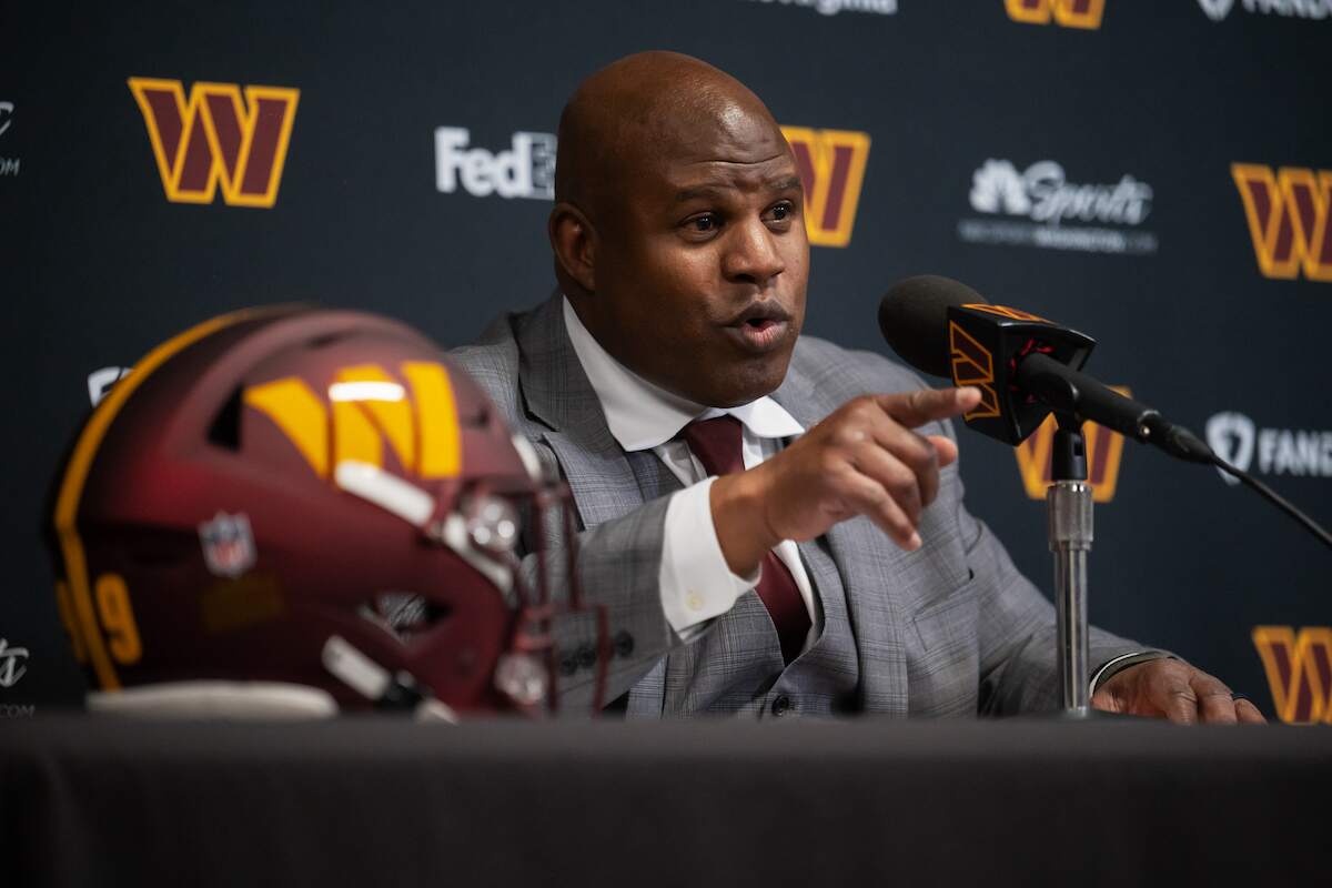 Commanders assistant head coach/offensive coordinator Eric Bieniemy speaks during an introductory press conference