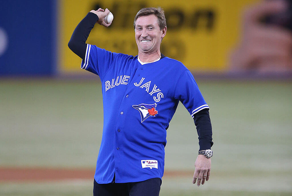 Wayne Gretzky throws out the first pitch ahead of a Toronto Blue Jays game.