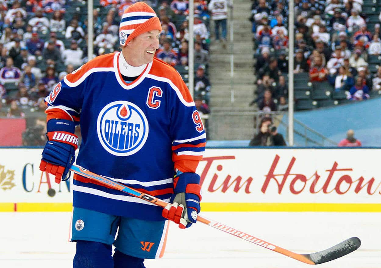 Wayne Gretzky skating during an Oilers alumni game.