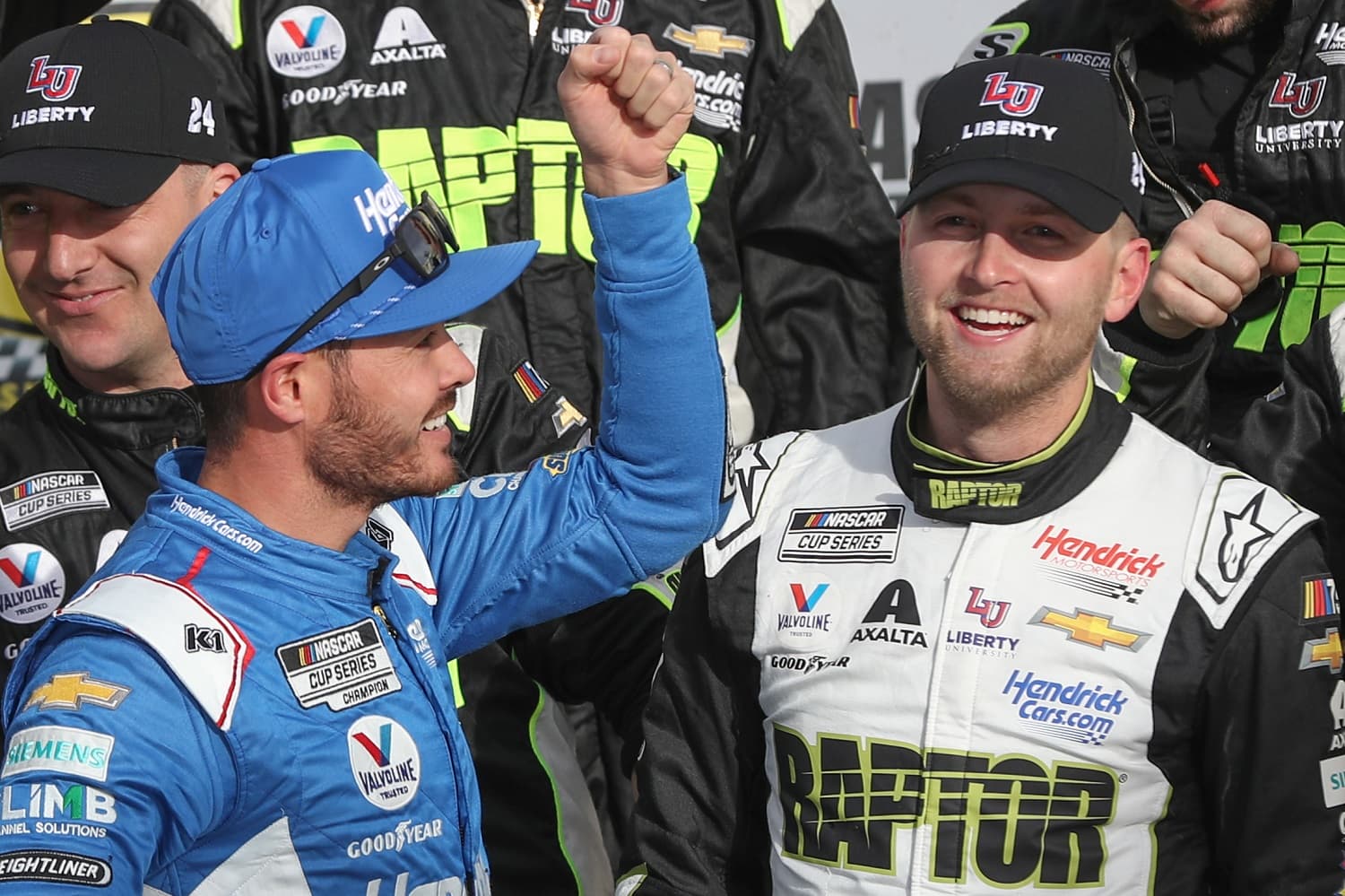 William Byron, right, is congratulated by Kyle Larson in Victory Lane after winning the NASCAR Cup Series Pennzoil 400 at Las Vegas Motor Speedway on March 5, 2023.
