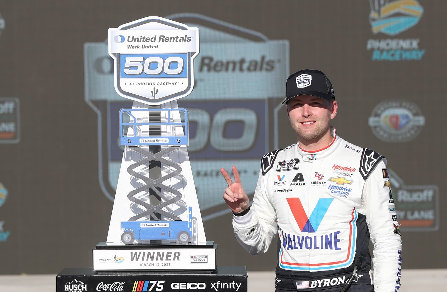 William Byron celebrates after winning the NASCAR Cup Series United Rentals Work United 500 at Phoenix Raceway on March 12, 2023.