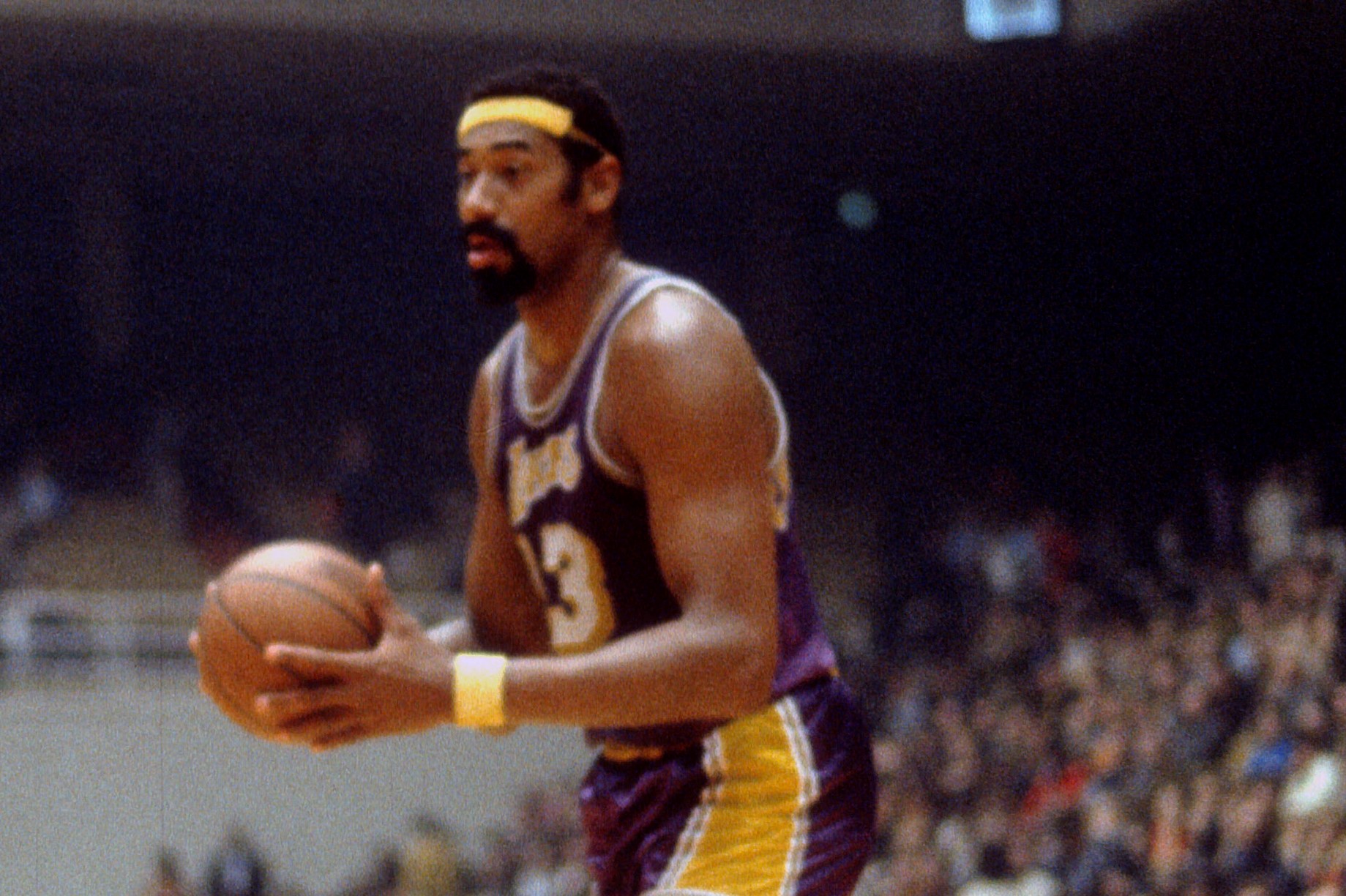 Wilt Chamberlain of the Los Angeles Lakers in action against the Baltimore Bullets.