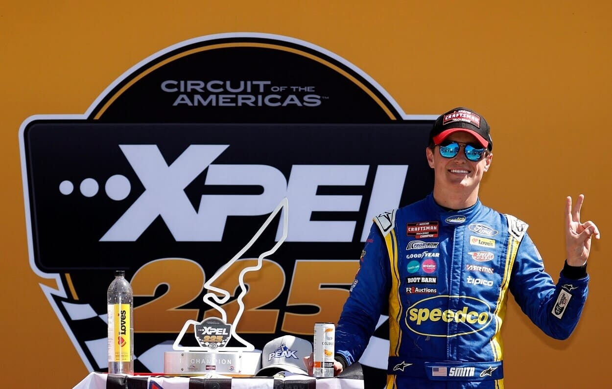 Zane Smith celebrates his win at the 2023 NASCAR Craftsman Truck Series XPEL 225