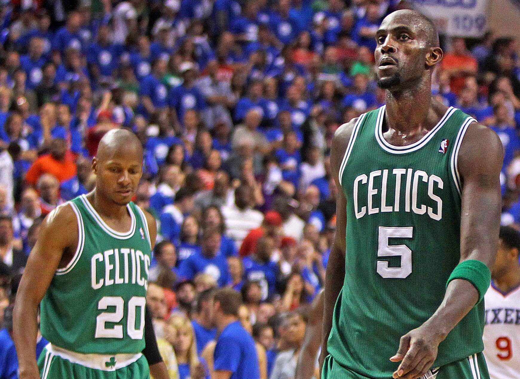 Ray Allen and Kevin Garnett of the Boston Celtics head back up court.