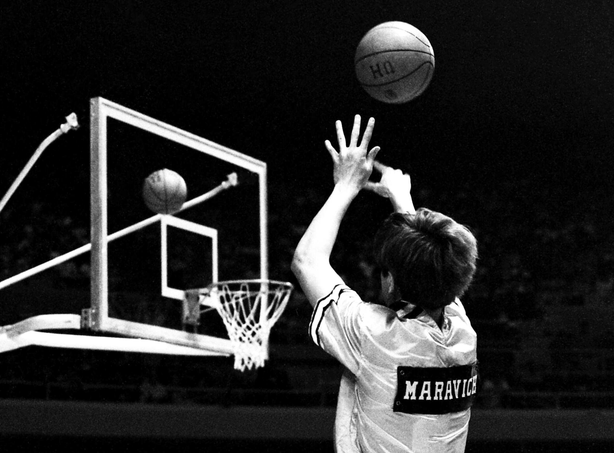 Pete Maravich of the Louisiana State Tigers shoots as he warms up.