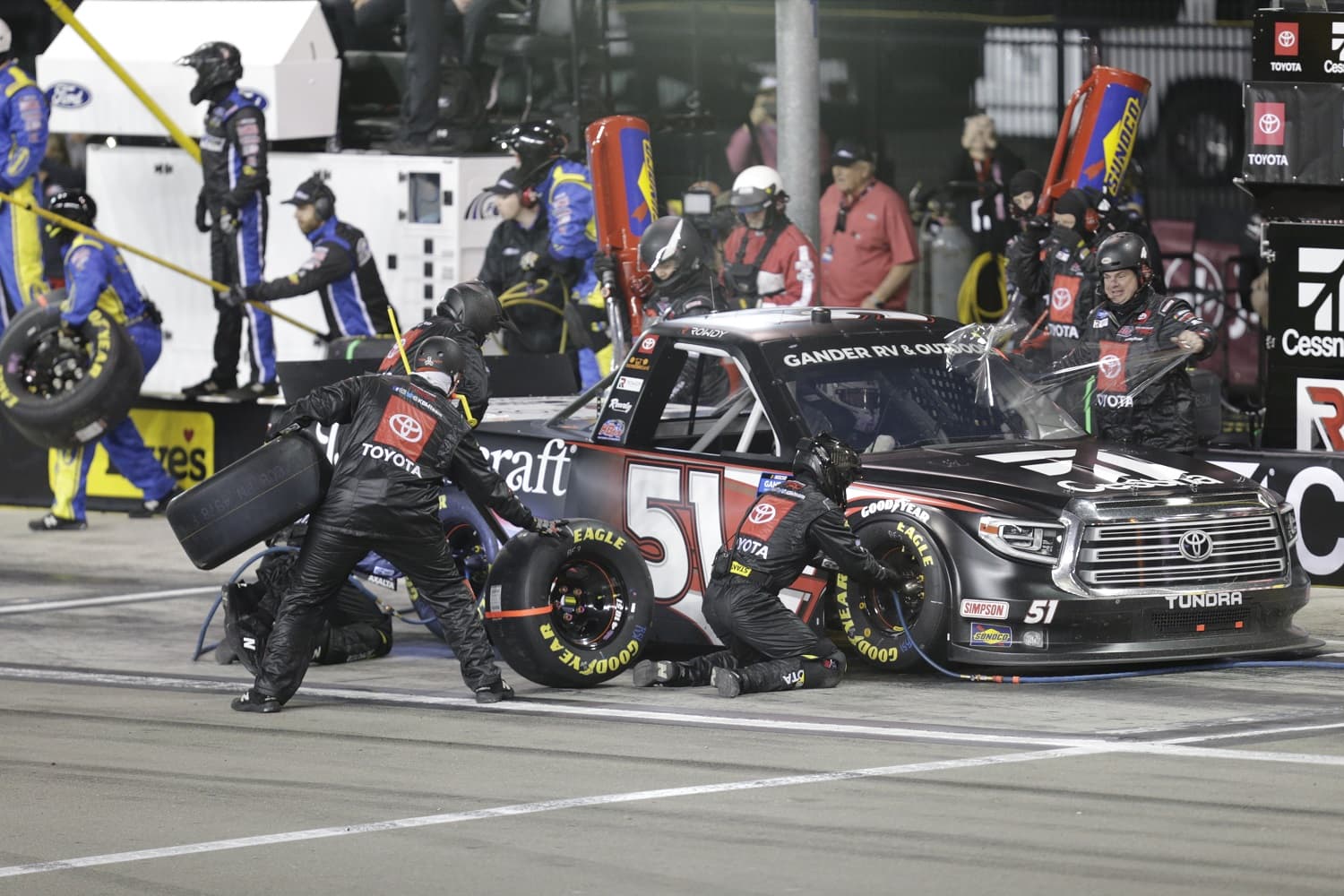 Kyle Busch in for a pit stop during the NASCAR Truck Series Strat 200 on Feb. 21, 2020, at Las Vegas Motor Speedway. 