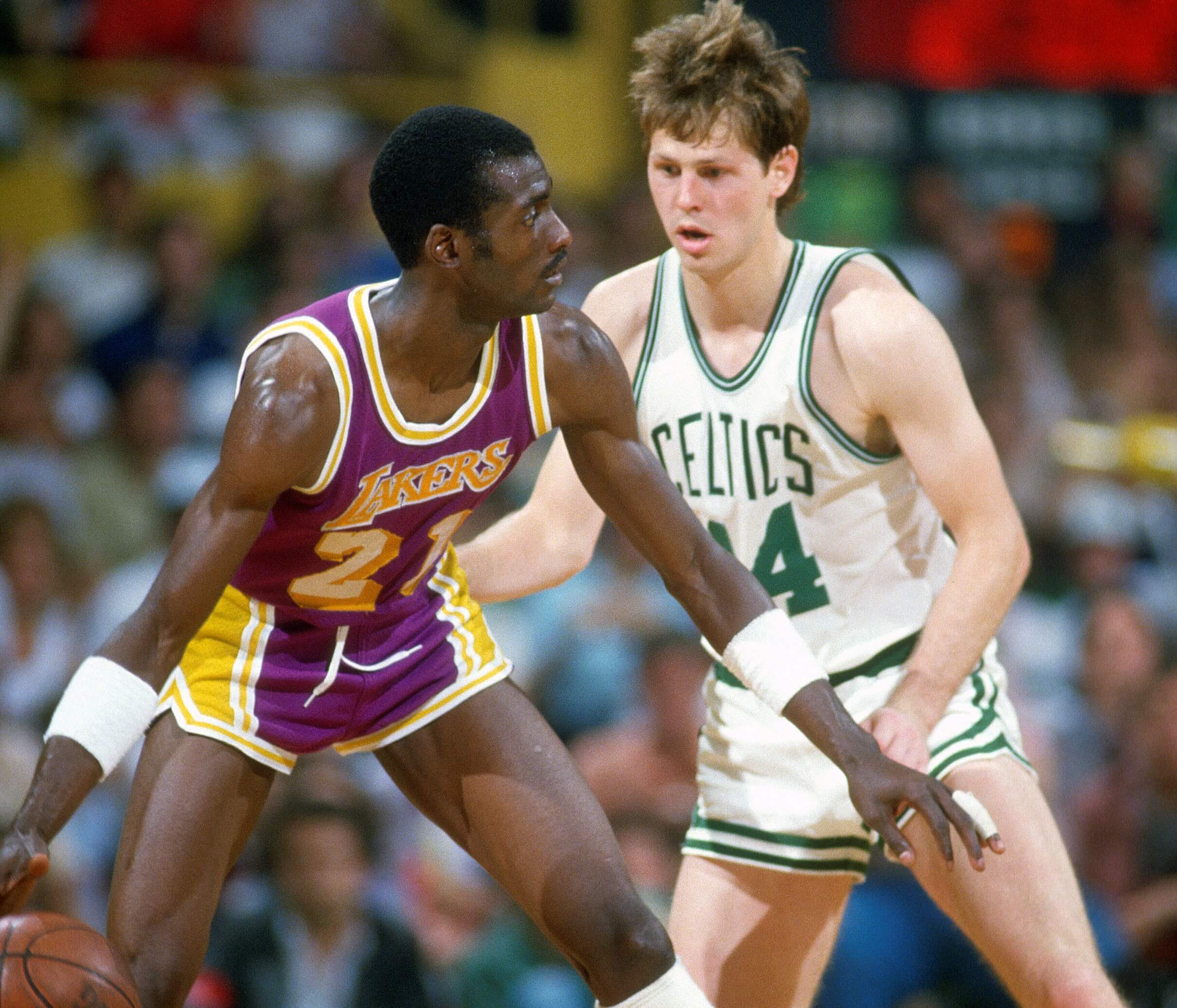 Danny Ainge of the Boston Celtics guards Michael Cooper of the Los Angeles Lakers.
