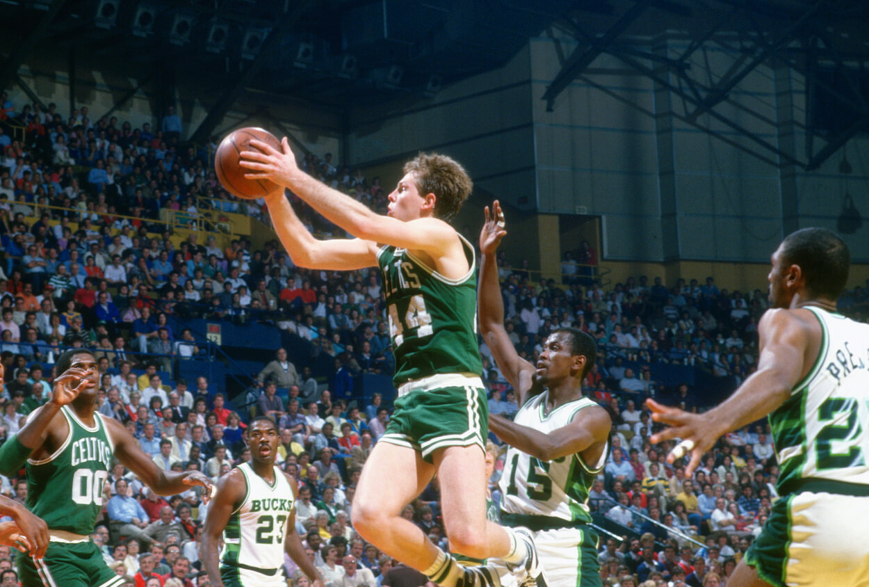 Danny Ainge of the Boston Celtics shoots against the Milwaukee Bucks