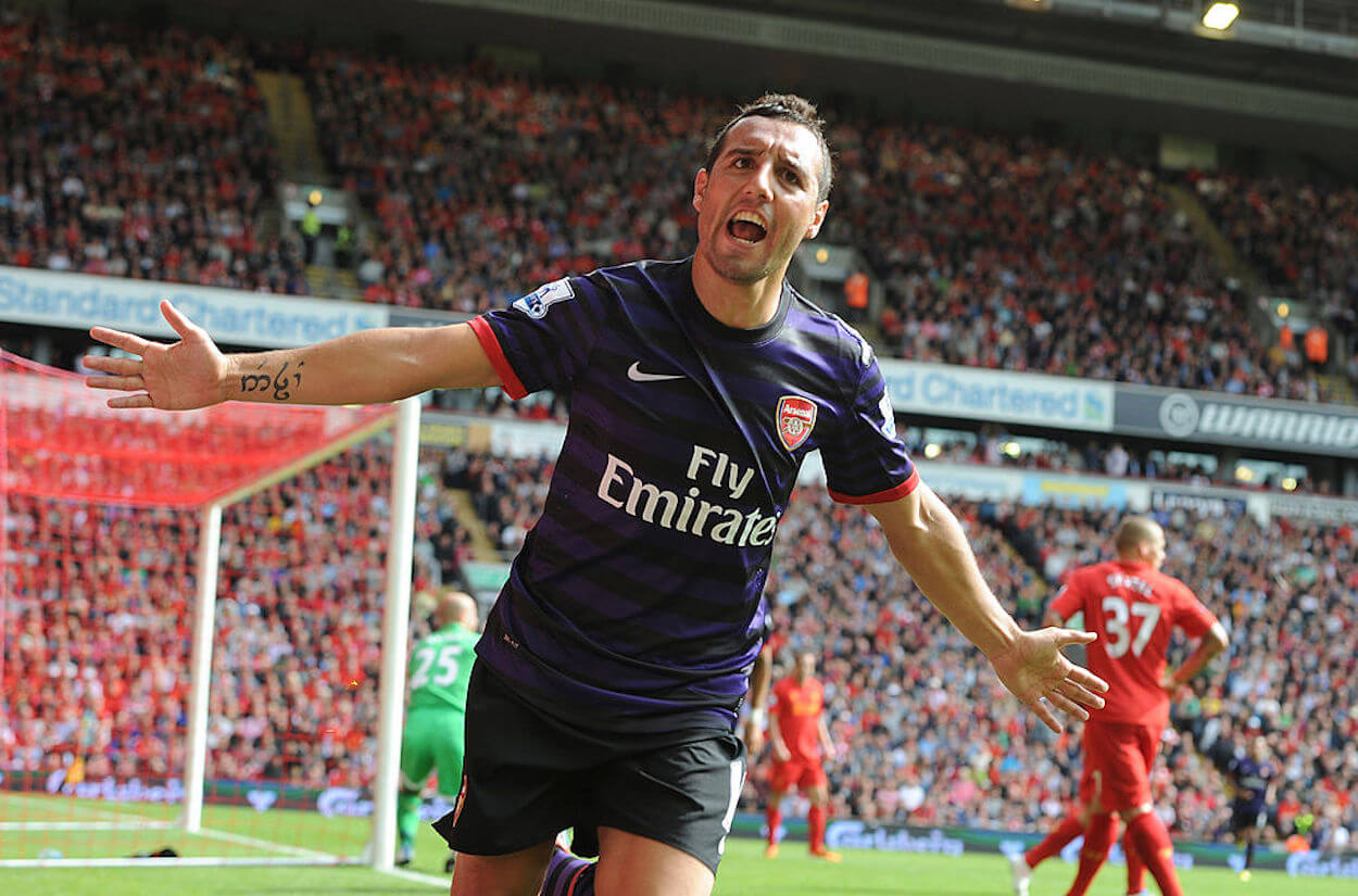 Santi Cazorla celebrates a goal as Arsenal defeated Liverpool 2-0.