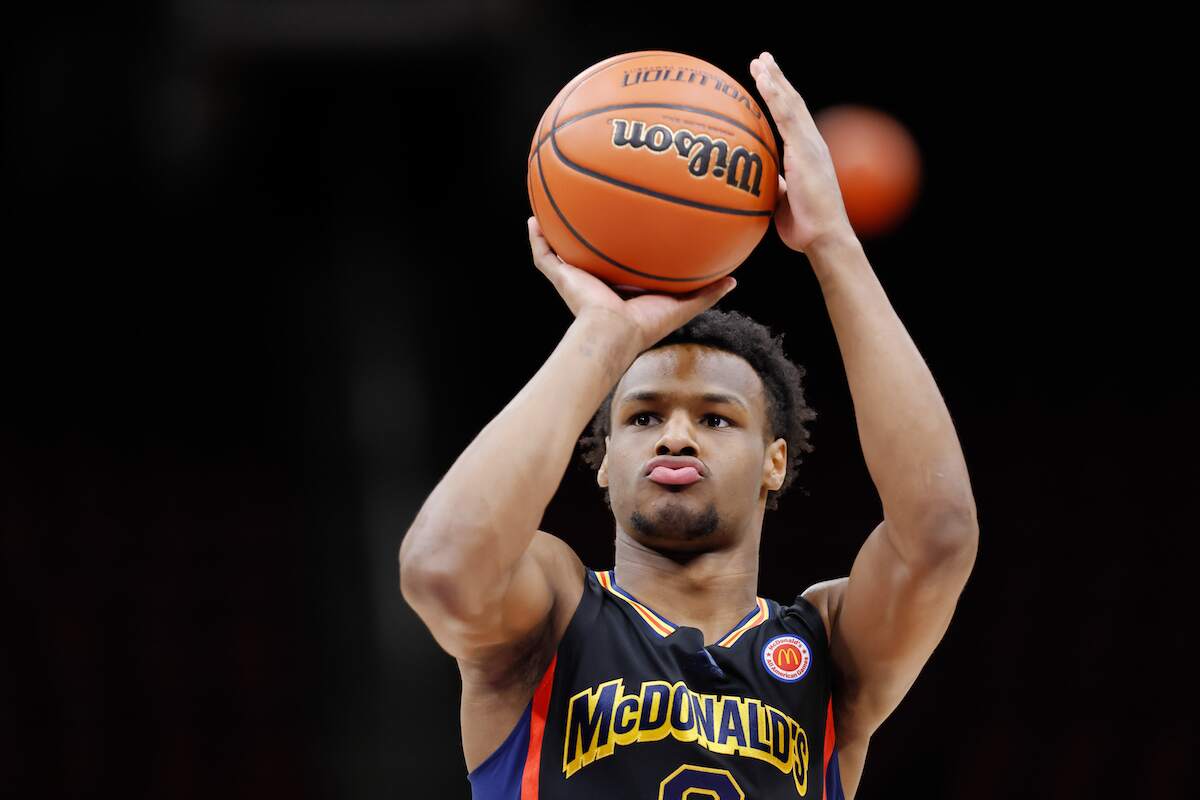 Bronny James shoots a basketball before the 2023 McDonalds All-American Basketball Games