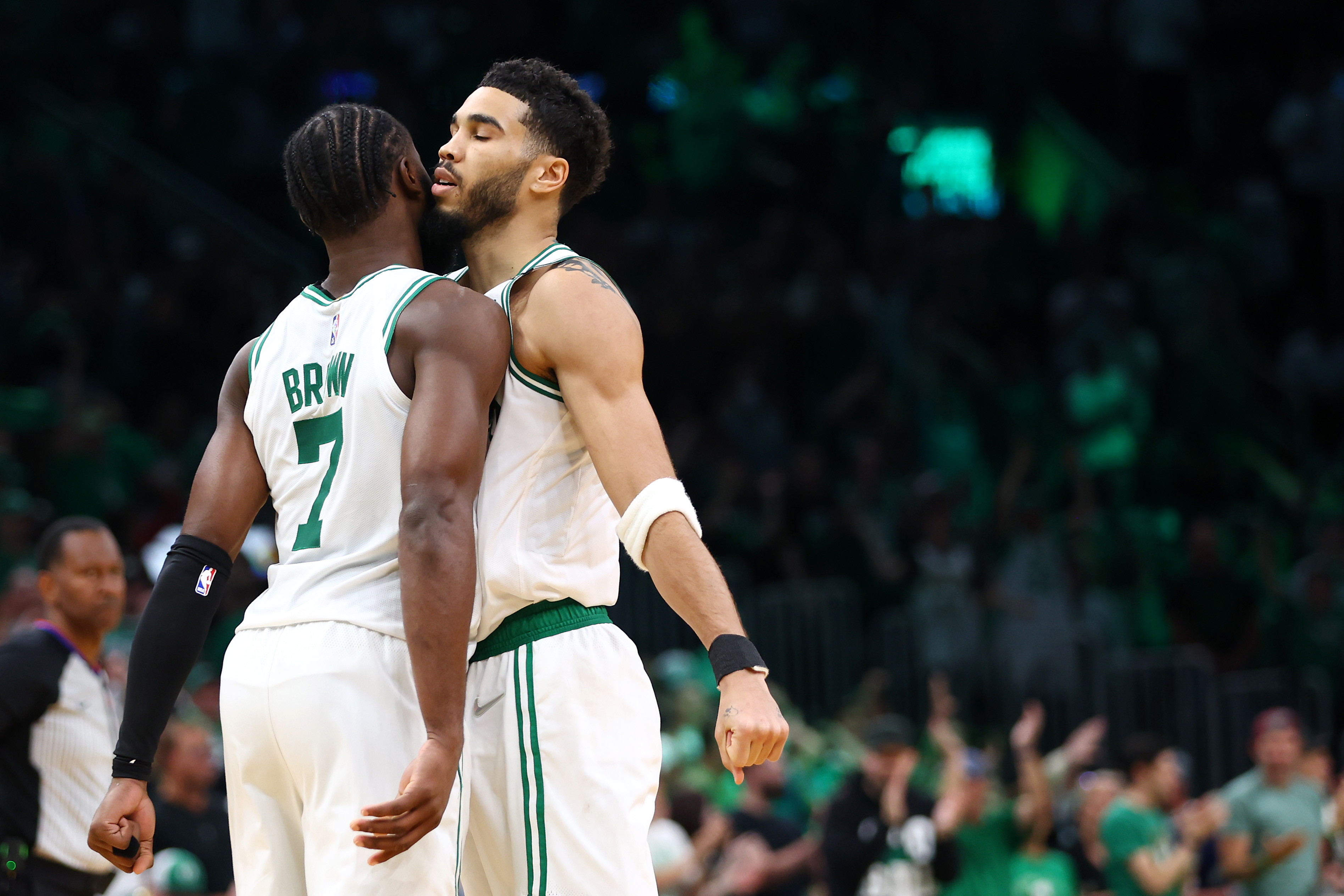 Jaylen Brown and Jayson Tatum of the Boston Celtics celebrate.