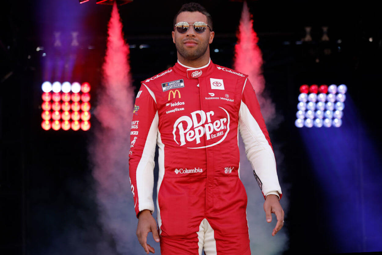 Bubba Wallace is introduced ahead of the NASCAR Cup Series Food City Dirt Race at Bristol Motor Speedway.