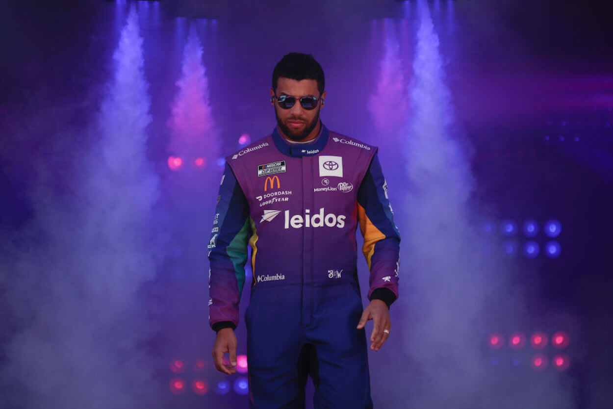 Bubba Wallace is introduced ahead of the NASCAR Cup Series Toyota Owners 400 at Richmond Raceway .
