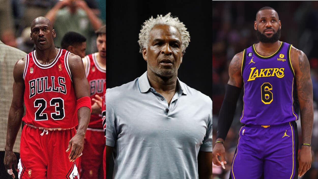 Michael Jordan (L), Charles Oakley (C), and LeBron James (R)