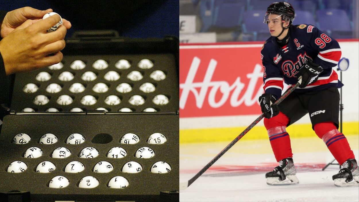 The NHL Draft Lottery balls and prospect Connor Bedard.