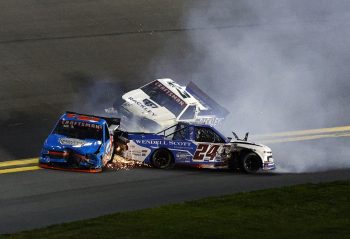 Rajah Caruth. Daniel Dye and Matt DiBenedetto spin after an on-track incident during the NASCAR Craftsman Truck Series NextEra Energy 250 at Daytona International Speedway on Feb. 17, 2023.