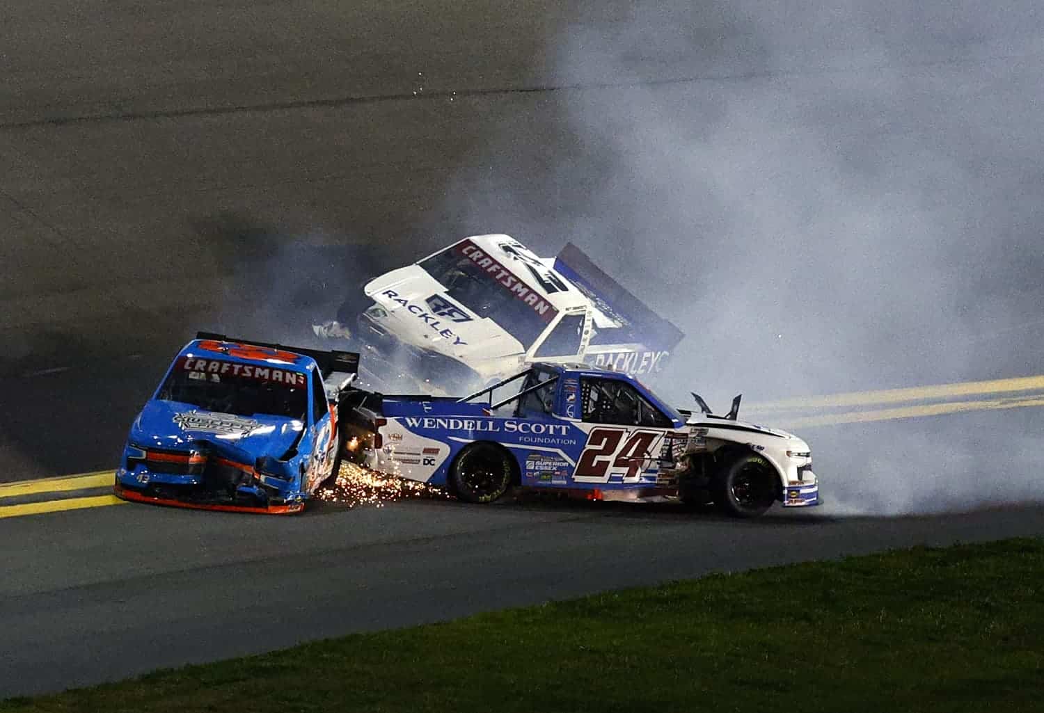 Rajah Caruth. Daniel Dye and Matt DiBenedetto spin after an on-track incident during the NASCAR Craftsman Truck Series NextEra Energy 250 at Daytona International Speedway on Feb. 17, 2023. | Sean Gardner/Getty Images