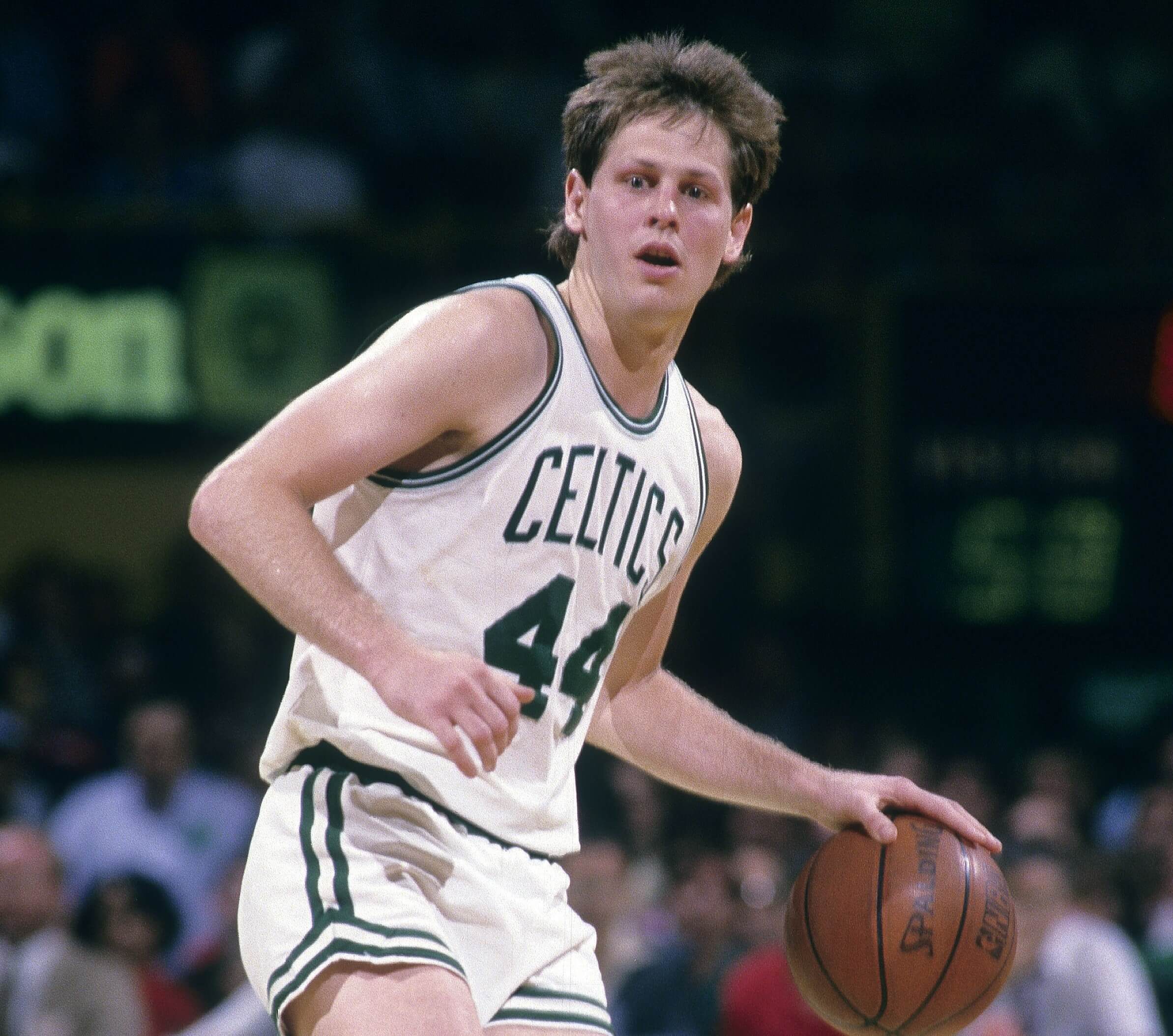 Danny Ainge of the Boston Celtics brings the ball upcourt.