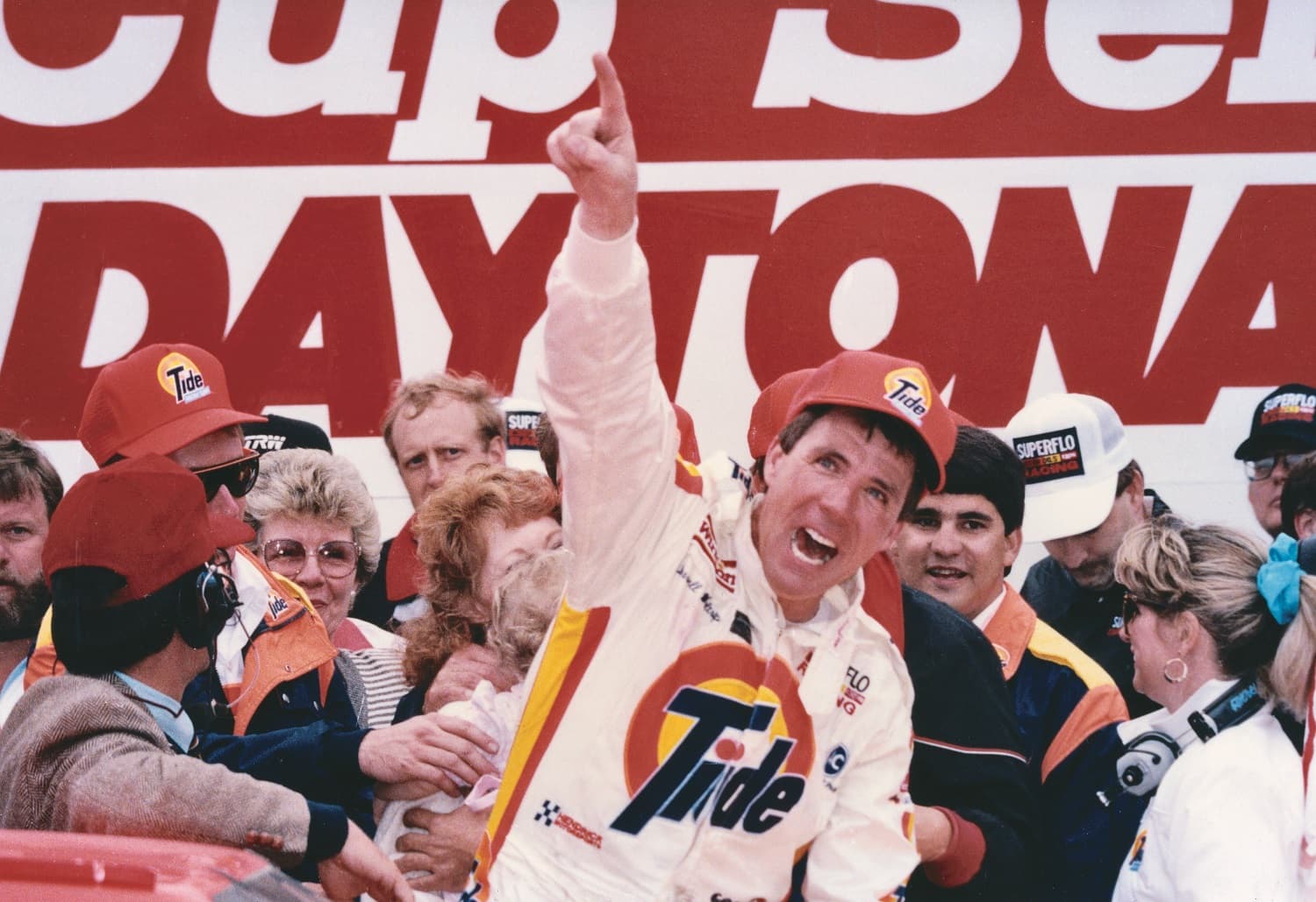 Darrell Waltrip celebrates in Victory Lane after winning the Daytona 500 on Feb. 19, 1989.