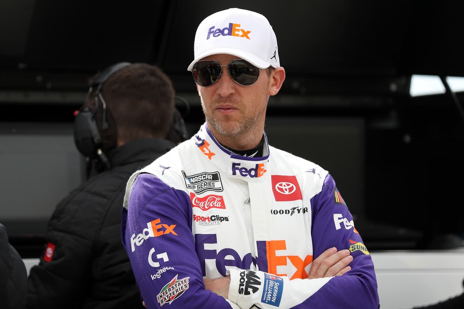 Denny Hamlin waits on the grid during practice for the NASCAR Cup Series Pennzoil 400 at Las Vegas Motor Speedway on March 4, 2023.