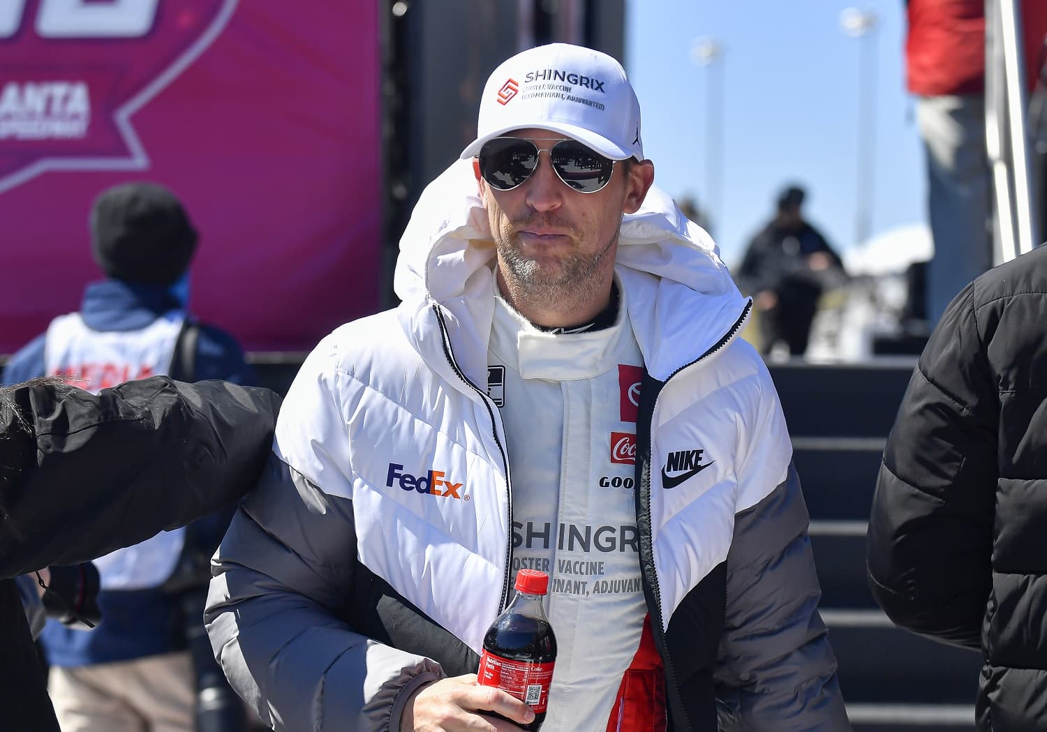 Denny Hamlin during driver introductions for the Ambetter Health 400 in the NASCAR Cup Series on March 19, 2023, at Atlanta Motor Speedway.