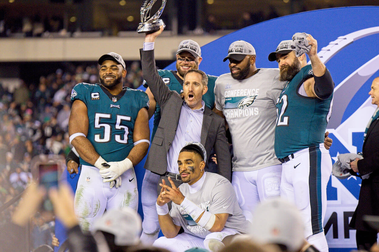 Howie Roseman and the Eagles celebrate after the NFC Championship Game.