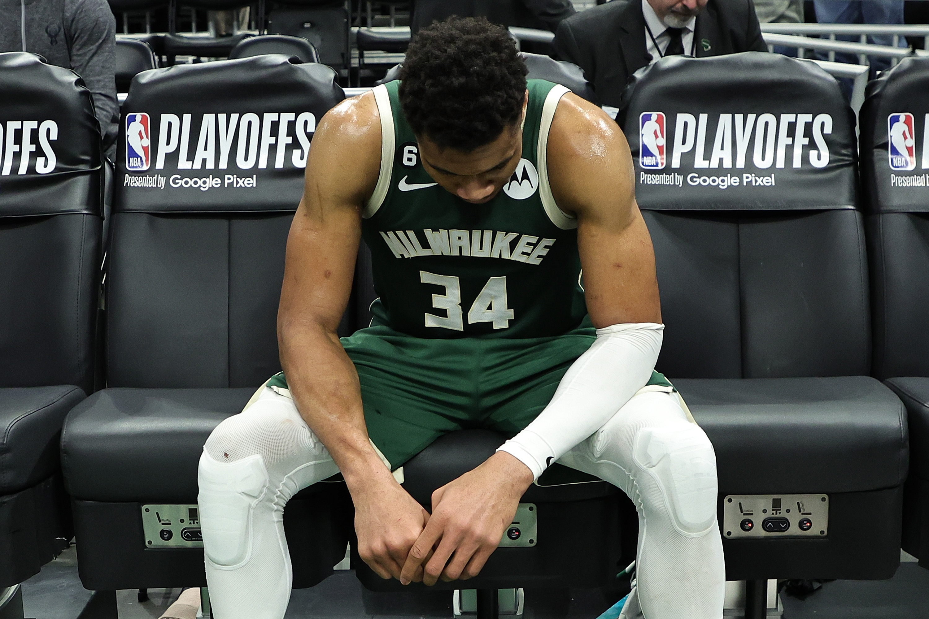 Giannis Antetokounmpo of the Milwaukee Bucks sits on the bench.