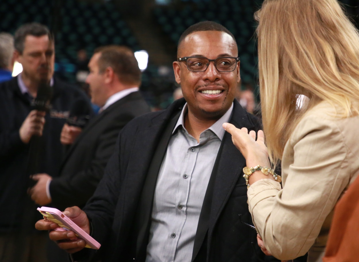 Paul Pierce gets pre-broadcast advice from Heather Walker, Celtics senior director of public relations.