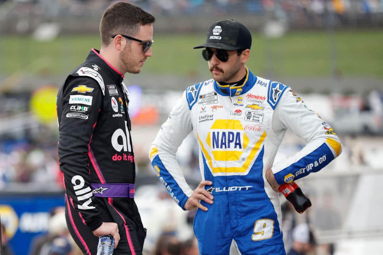 Hendrick Motorsport drives Chase Elliott (R) and Alex Bowman (L) talk at Martinsville.