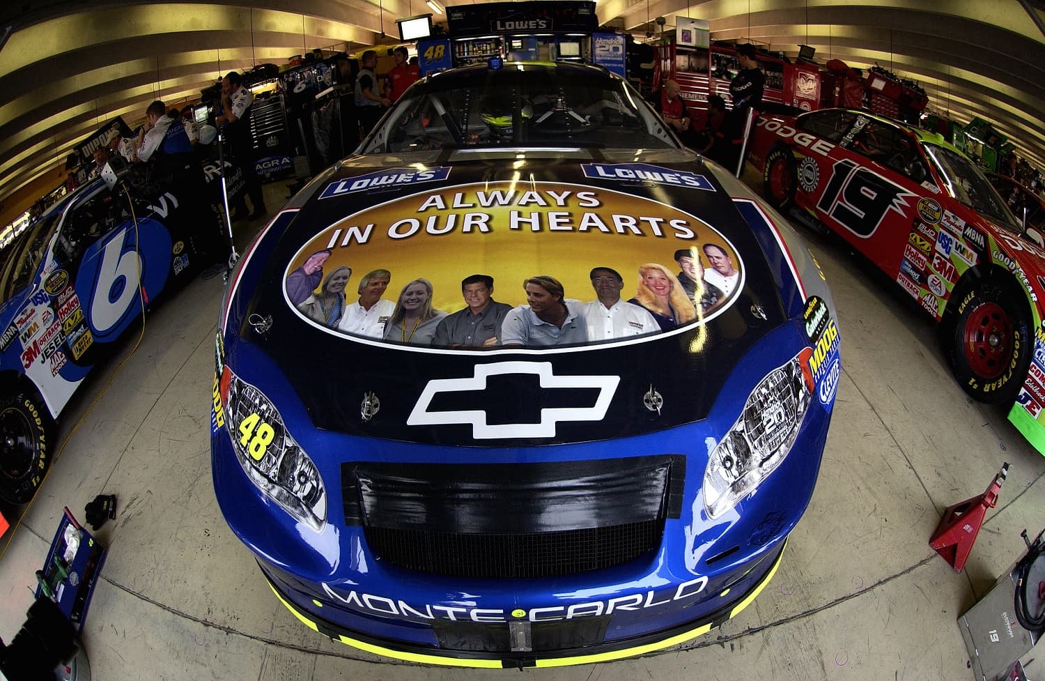 The tribute carried on the hood of the No. 48 Hendrick Motorsports Lowes Chevrolet driven by Jimmie Johnson, during practice for the NASCAR Nextel Cup Series Bass Pro Shops MBNA 500 on Oct. 30, 2004 at Atlanta Motor Speedway.