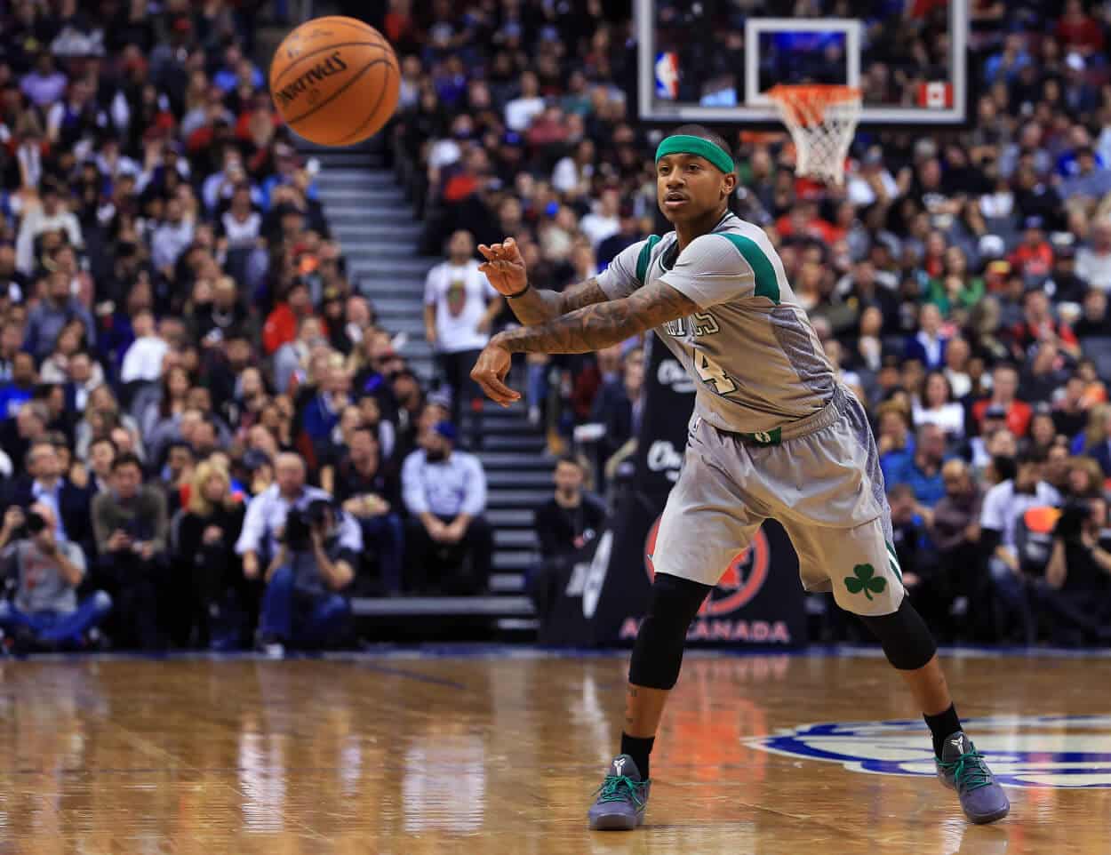 Isaiah Thomas of the Boston Celtics passes the ball.