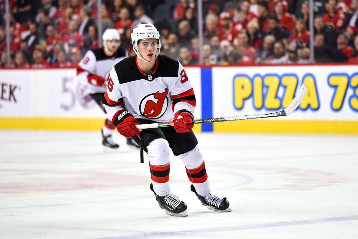 Jack Hughes in action for the New Jersey Devils during his rookie season.