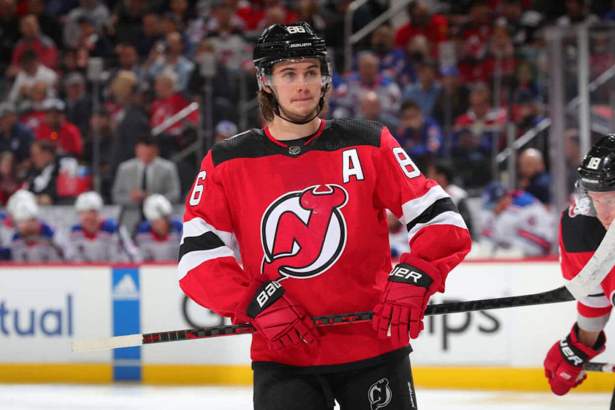 Jack Hughes on the ice for the New Jersey Devils.