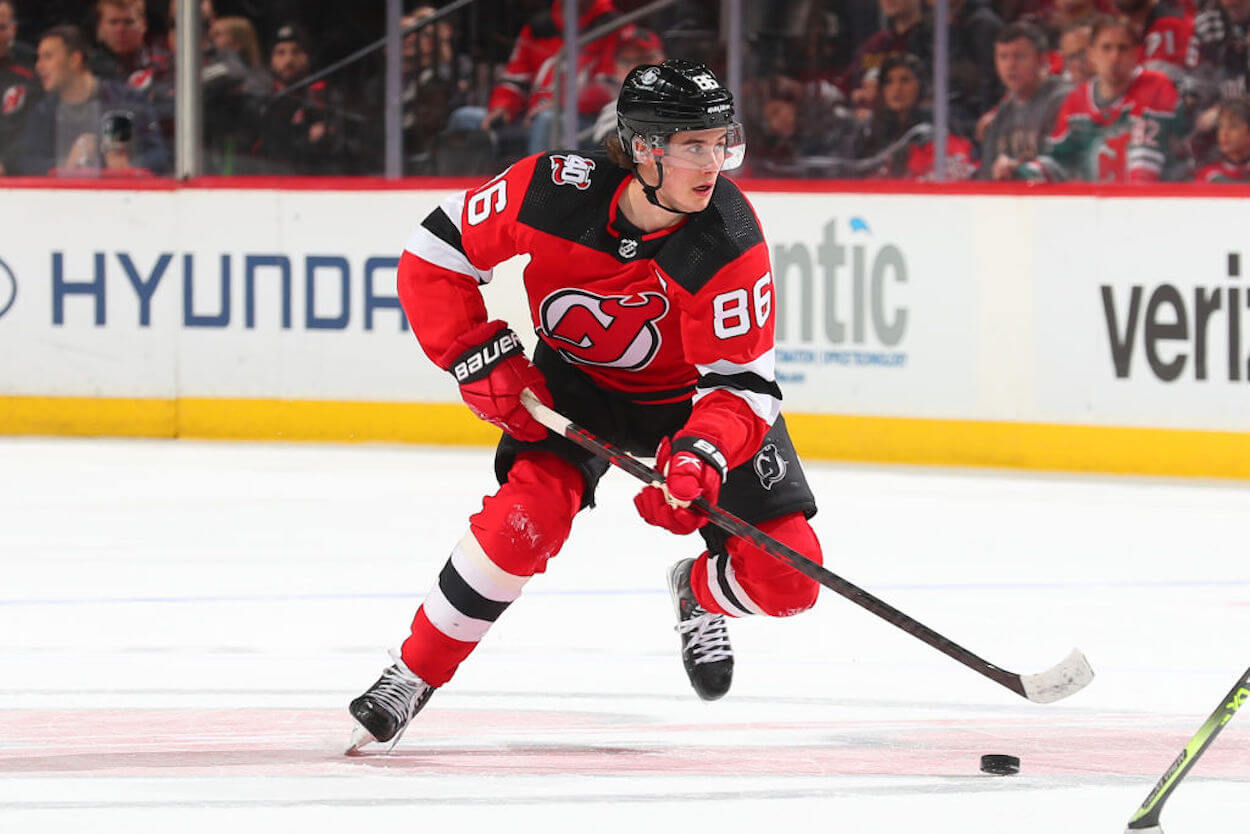 Jack Hughes on the ice for the New Jersey Devils.