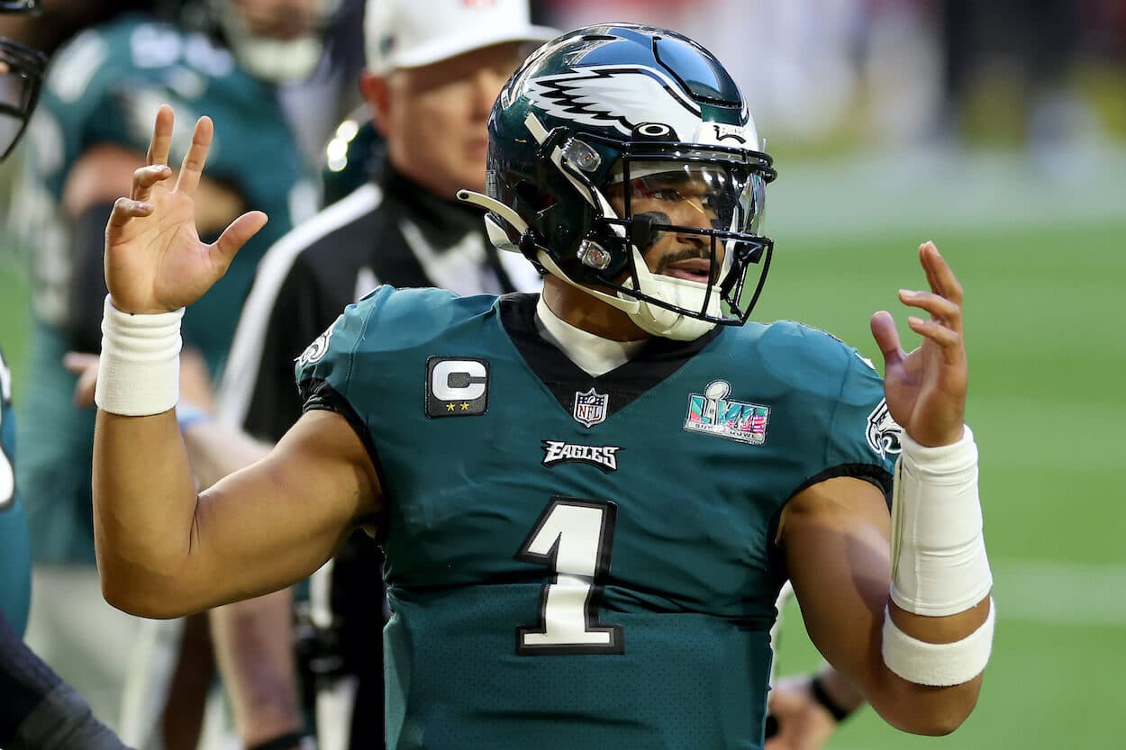 Jalen Hurts celebrates after scoring a touchdown.