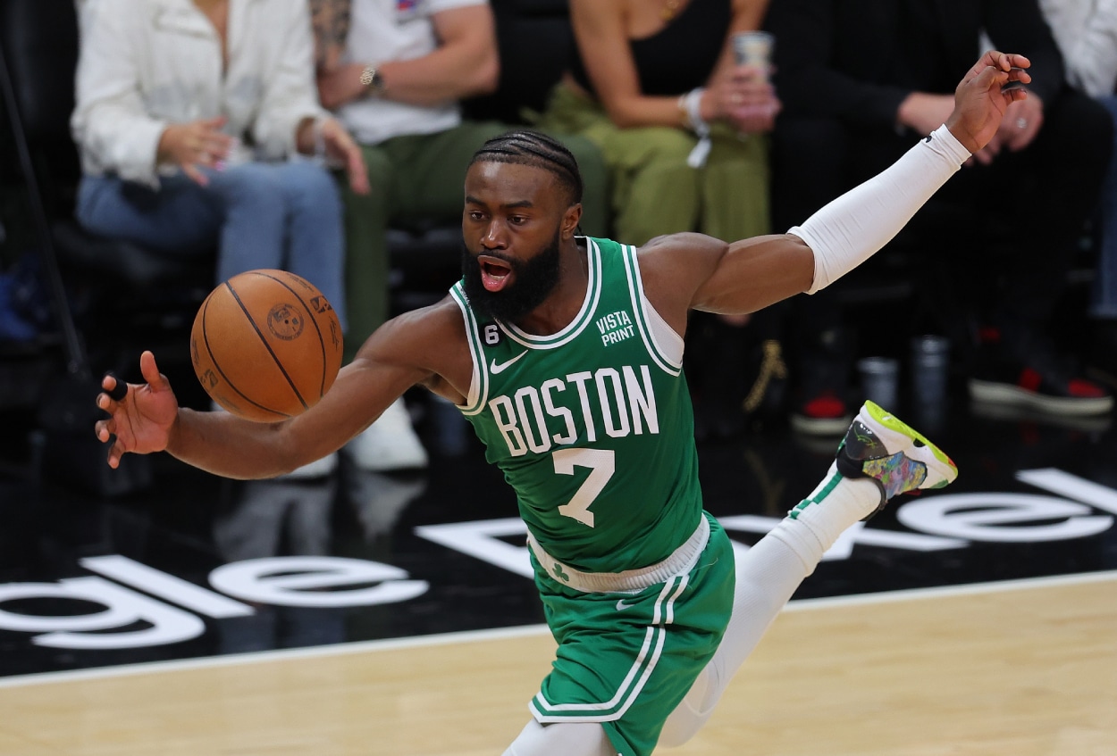 Jaylen Brown of the Boston Celtics catches a pass against the Atlanta Hawks.