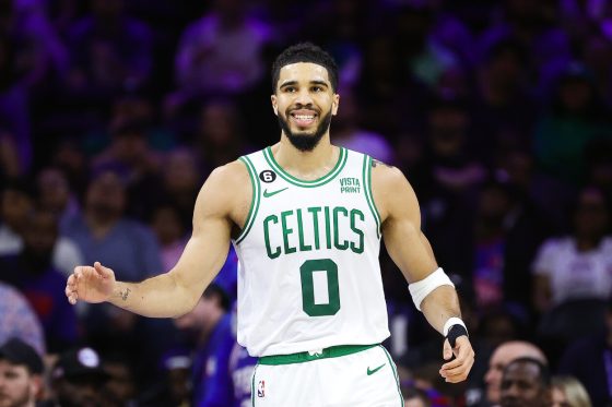 Jayson Tatum of the Boston Celtics reacts during the first quarter against the Philadelphia 76ers.