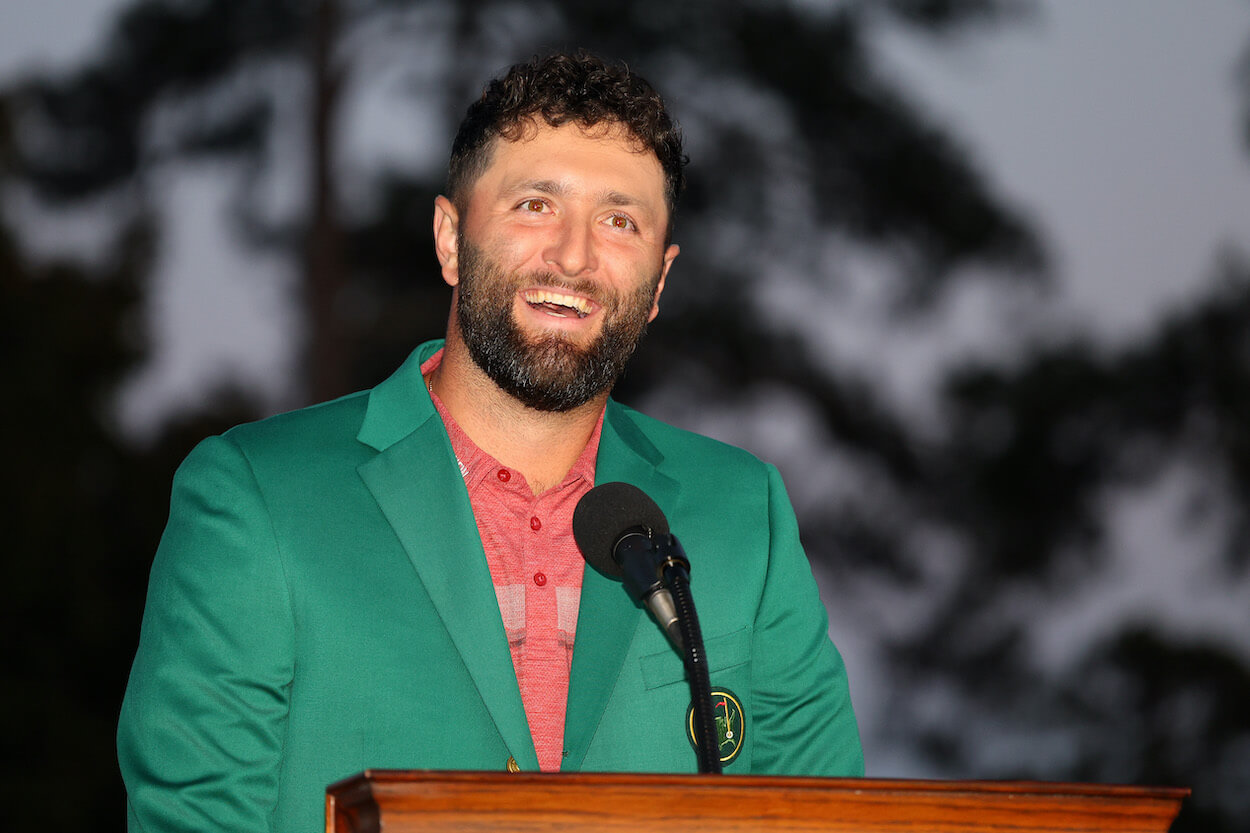 Jon Rahm smiles during the Green Jacket Ceremony.