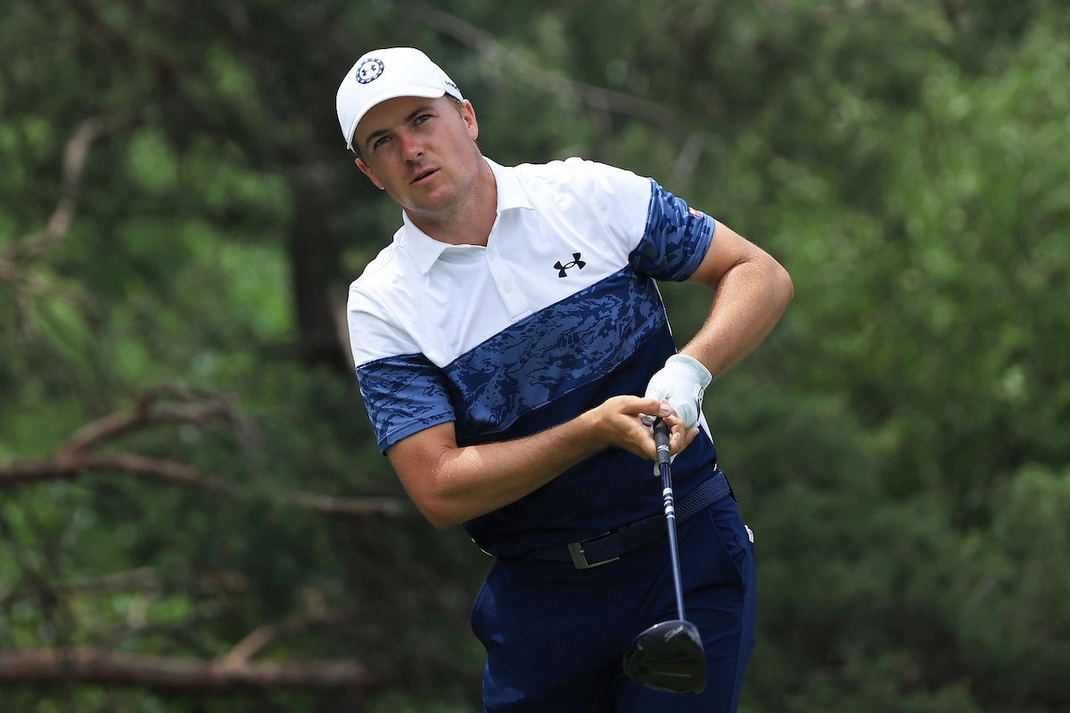 Pro golfer Jordan Spieth plays his shot from the second tee during the final round of The Memorial Tournament in 2021