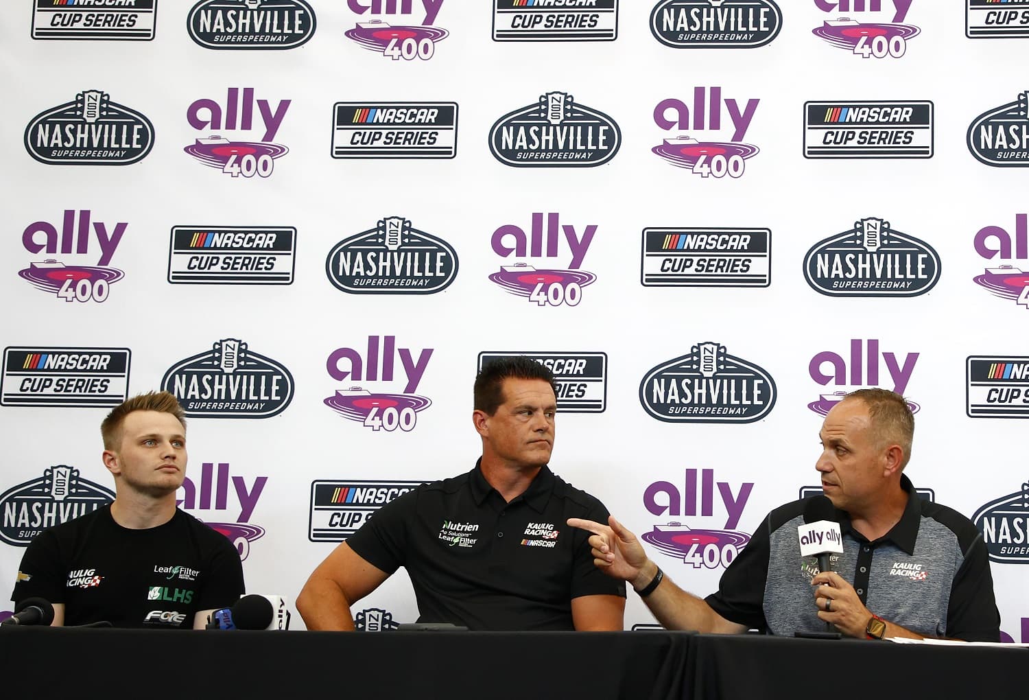 Justin Haley, Matt Kaulig, and Chris Rice announce that Kaulig Racing will race full time in the NASCAR Cup Series season in 2022, during a press conference prior to practice for the NASCAR Xfinity Series Tennessee Lottery 250 at Nashville Superspeedway on June 18, 2021.