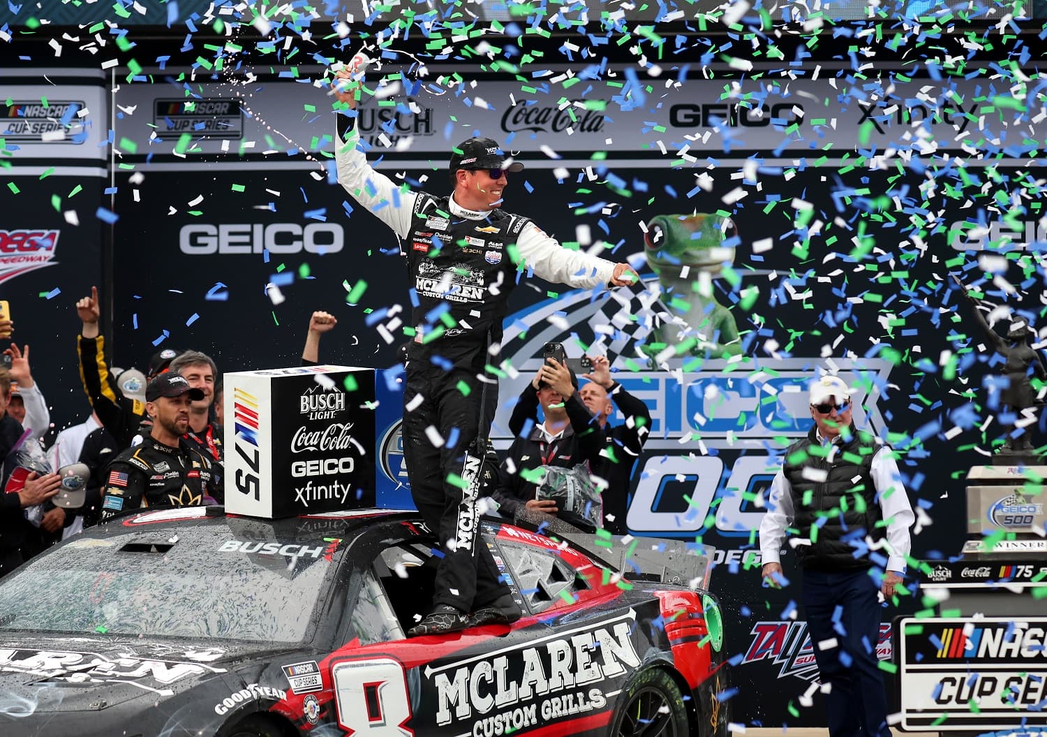 Kyle Busch, driver of the No. 8 McLaren Custom Grills Chevrolet, celebrates in Victory Lane after winning the NASCAR Cup Series GEICO 500 at Talladega Superspeedway on April 23, 2023.