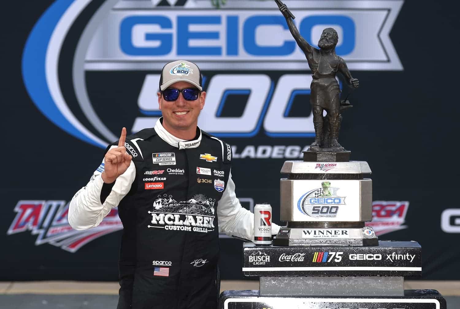 Kyle Busch celebrates in Victory Lane after winning the NASCAR Cup Series GEICO 500 at Talladega Superspeedway on April 23, 2023.